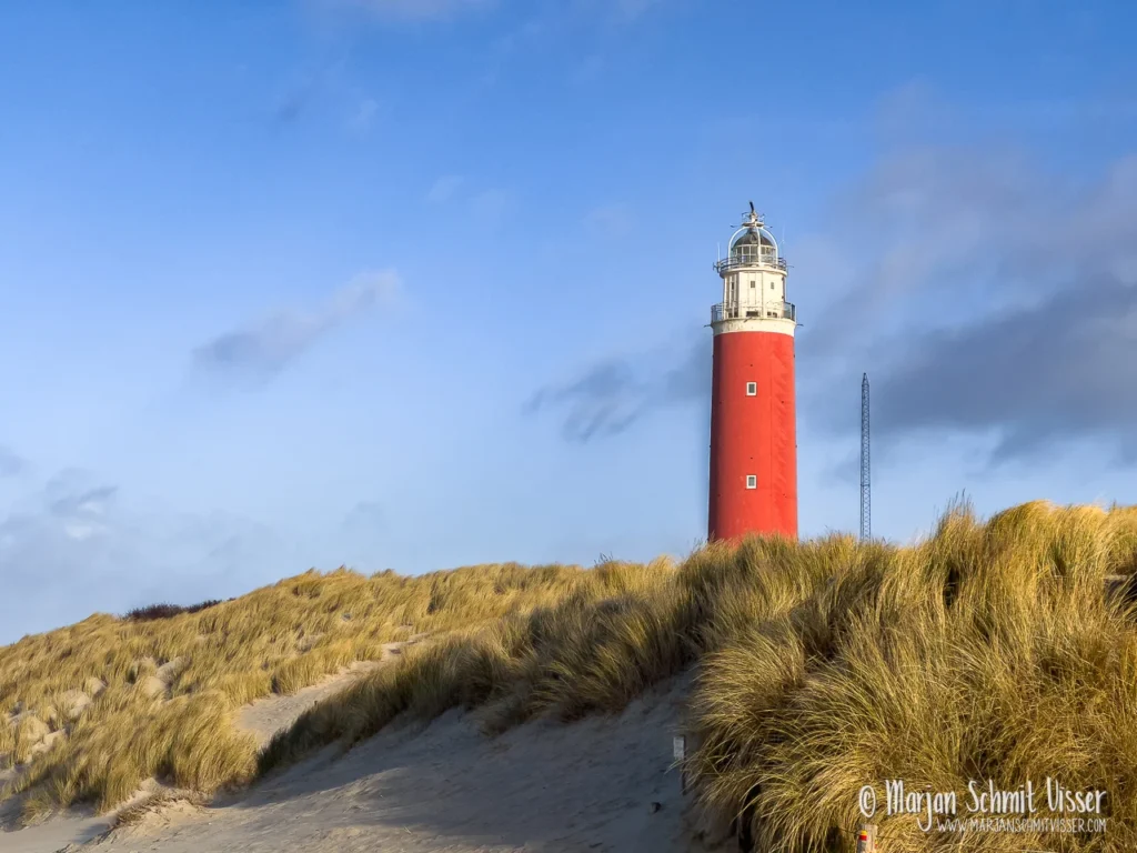 Rode vuurtoren van De Cocksdorp op Texel boven de duinen in zacht winterlicht.